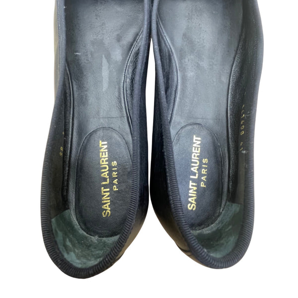 Saint Laurent Womens Black Leather With Bow Detail Ballet Flats Size 10