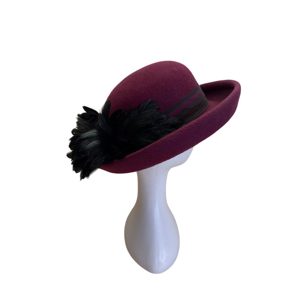 Vintage Artemisia Wool Felt Hat With Feather Trim & Ribbon Made In USA High Fashion Millinery