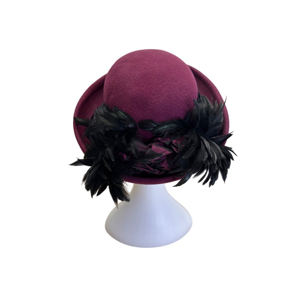 Vintage Artemisia Wool Felt Hat With Feather Trim & Ribbon Made In USA High Fashion Millinery