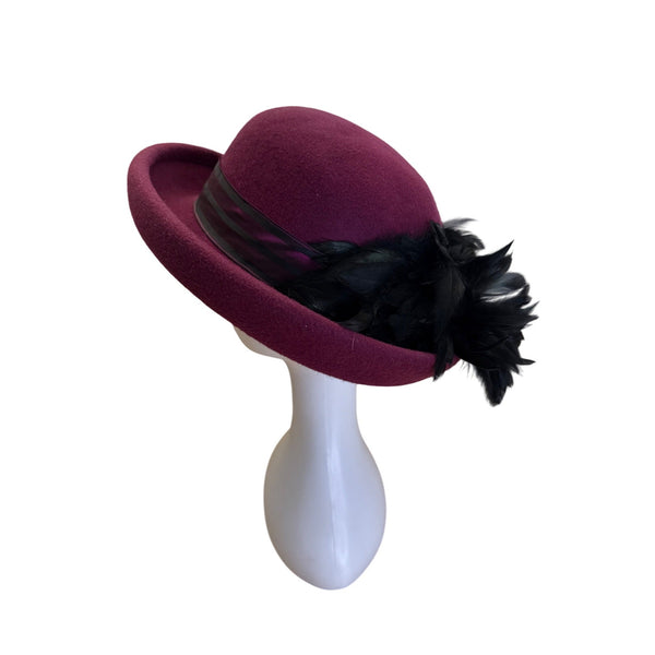 Vintage Artemisia Wool Felt Hat With Feather Trim & Ribbon Made In USA High Fashion Millinery
