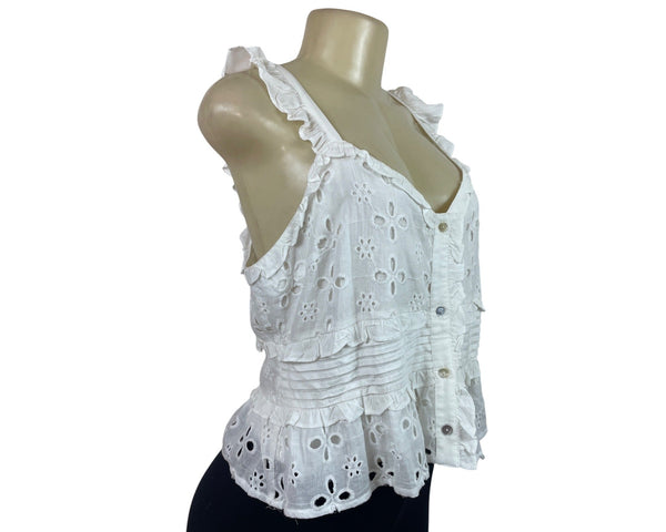 Pinch White Embroidered Eyelet Ruffle Tank Top Size L - New