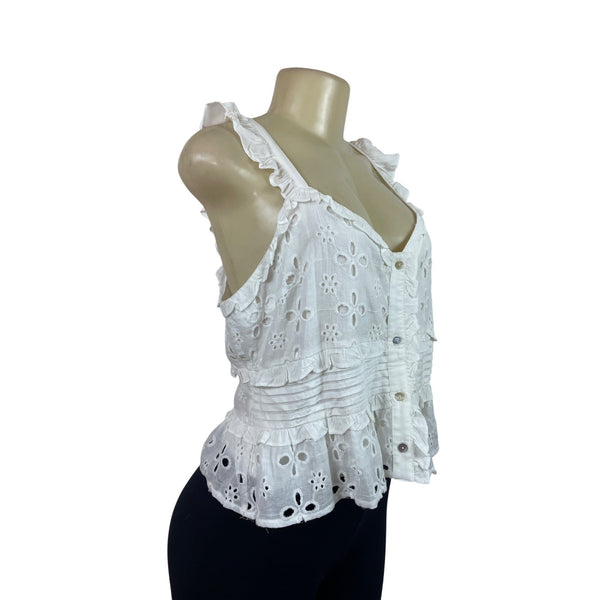 Pinch White Embroidered Eyelet Ruffle Tank Top Size L - New