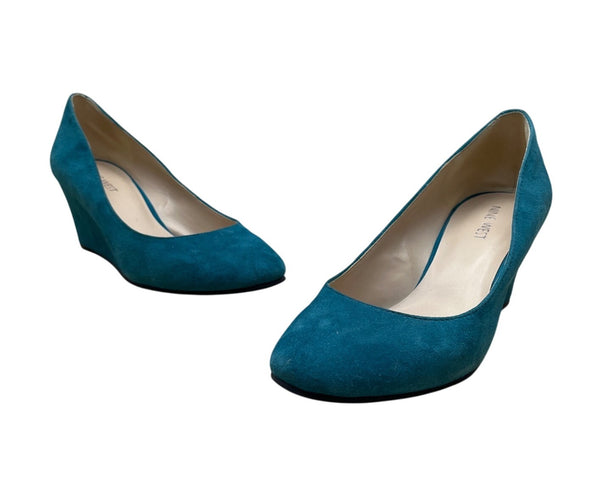 Nine West Women's Teal Suede Leather Closed-Toe Wedge Nwispy Heels Shoes Sz 7.5M