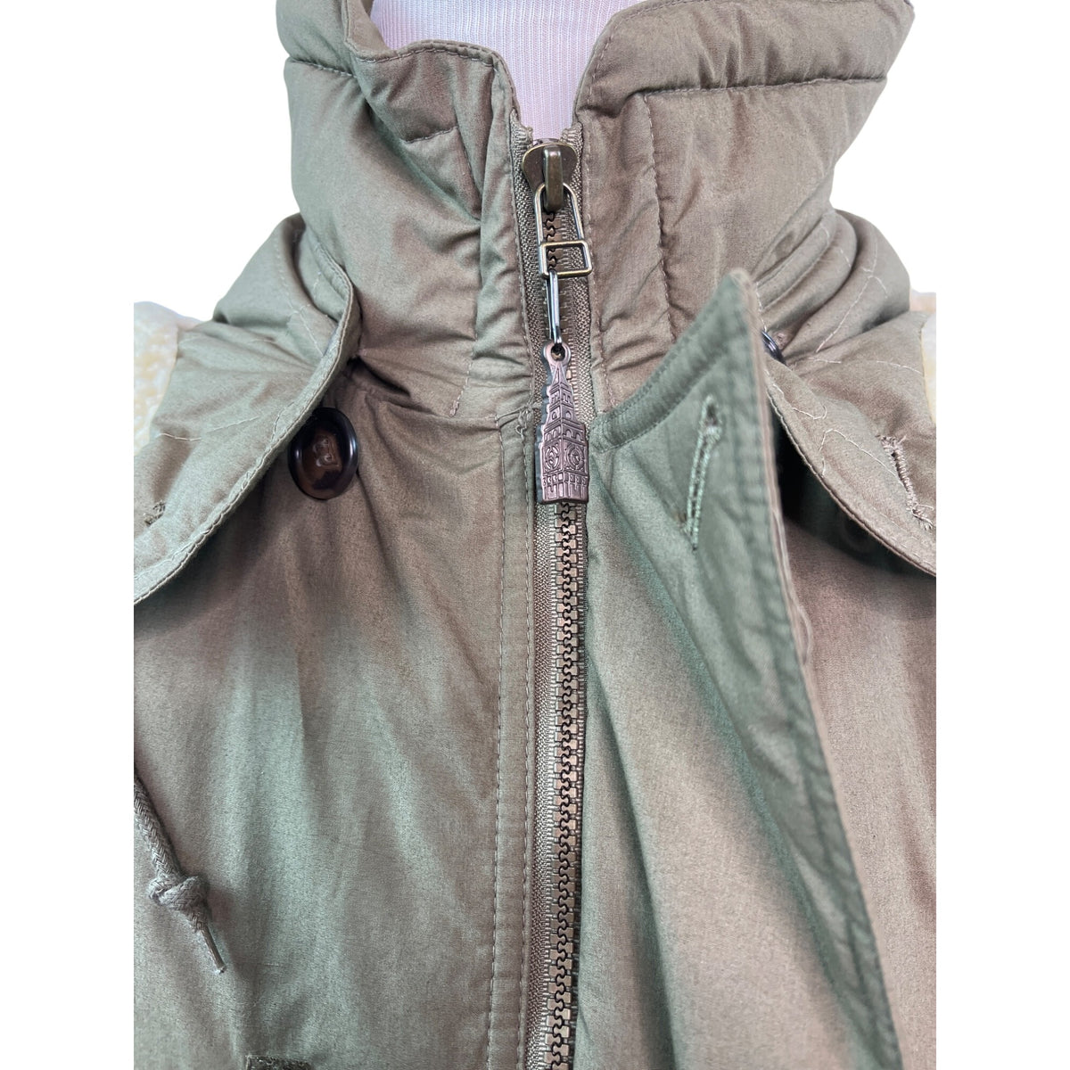 London Fog Olive Green Nordic Faux Fur Button Details Hooded Winter Coat Sz M - New