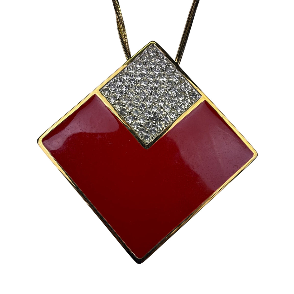 Givenchy Gold Tone Red Enamel Crystal Pendant Necklace 1982 Art Deco Vintage