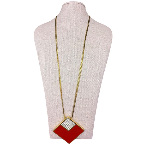 Givenchy Gold Tone Red Enamel Crystal Pendant Necklace 1982 Art Deco Vintage