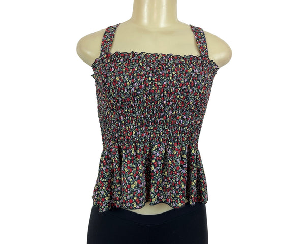 One Clothing Floral Smocked Peplum Top Black Multicolor Size M- New