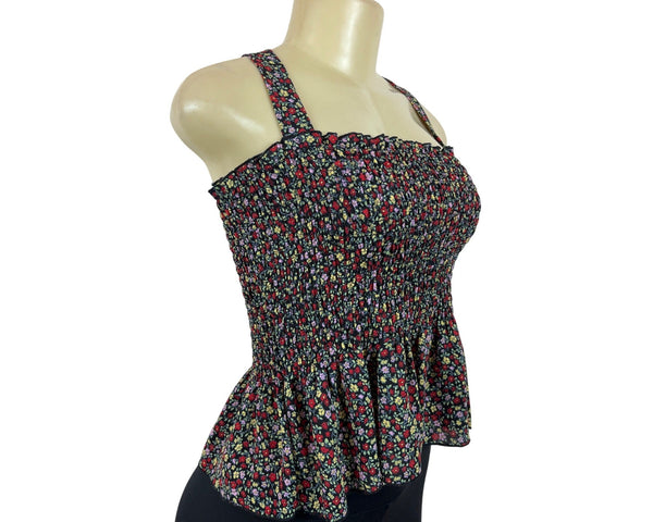 One Clothing Floral Smocked Peplum Top Black Multicolor Size M- New