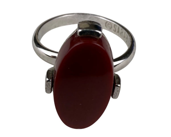 Sarah Coventry Red Oval Stone Silver Tone Ring Mid-Century Jewelry Size 5