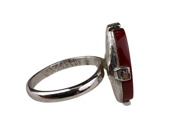 Sarah Coventry Red Oval Stone Silver Tone Ring Mid-Century Jewelry Size 5