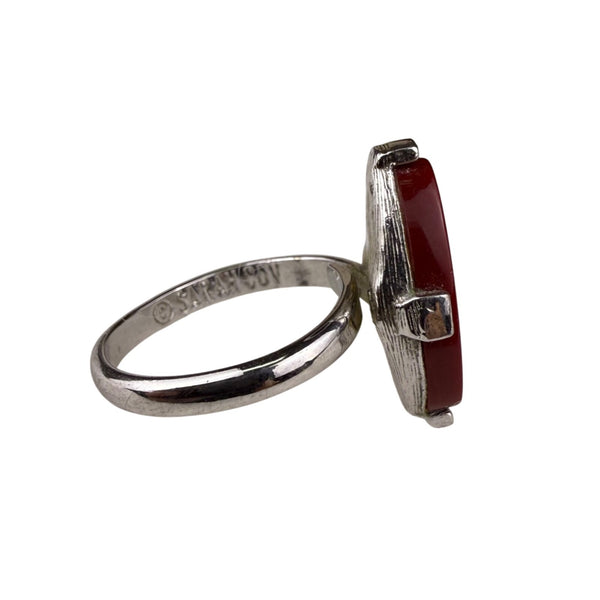 Sarah Coventry Red Oval Stone Silver Tone Ring Mid-Century Jewelry Size 5