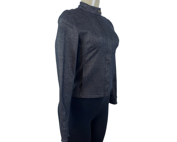 MNG Denim Jacket Women's Dark Blue Long Sleeve Gold Buttons High Collar Sz S