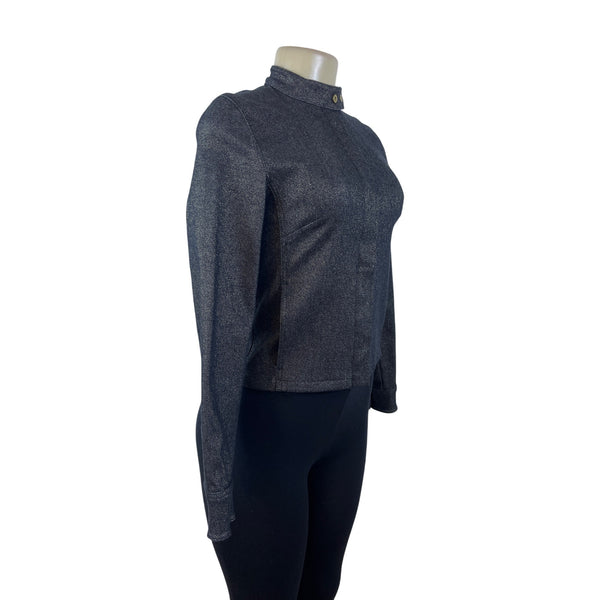 MNG Denim Jacket Women's Dark Blue Long Sleeve Gold Buttons High Collar Sz S