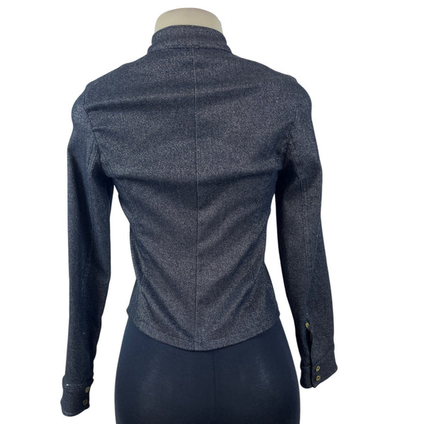 MNG Denim Jacket Women's Dark Blue Long Sleeve Gold Buttons High Collar Sz S