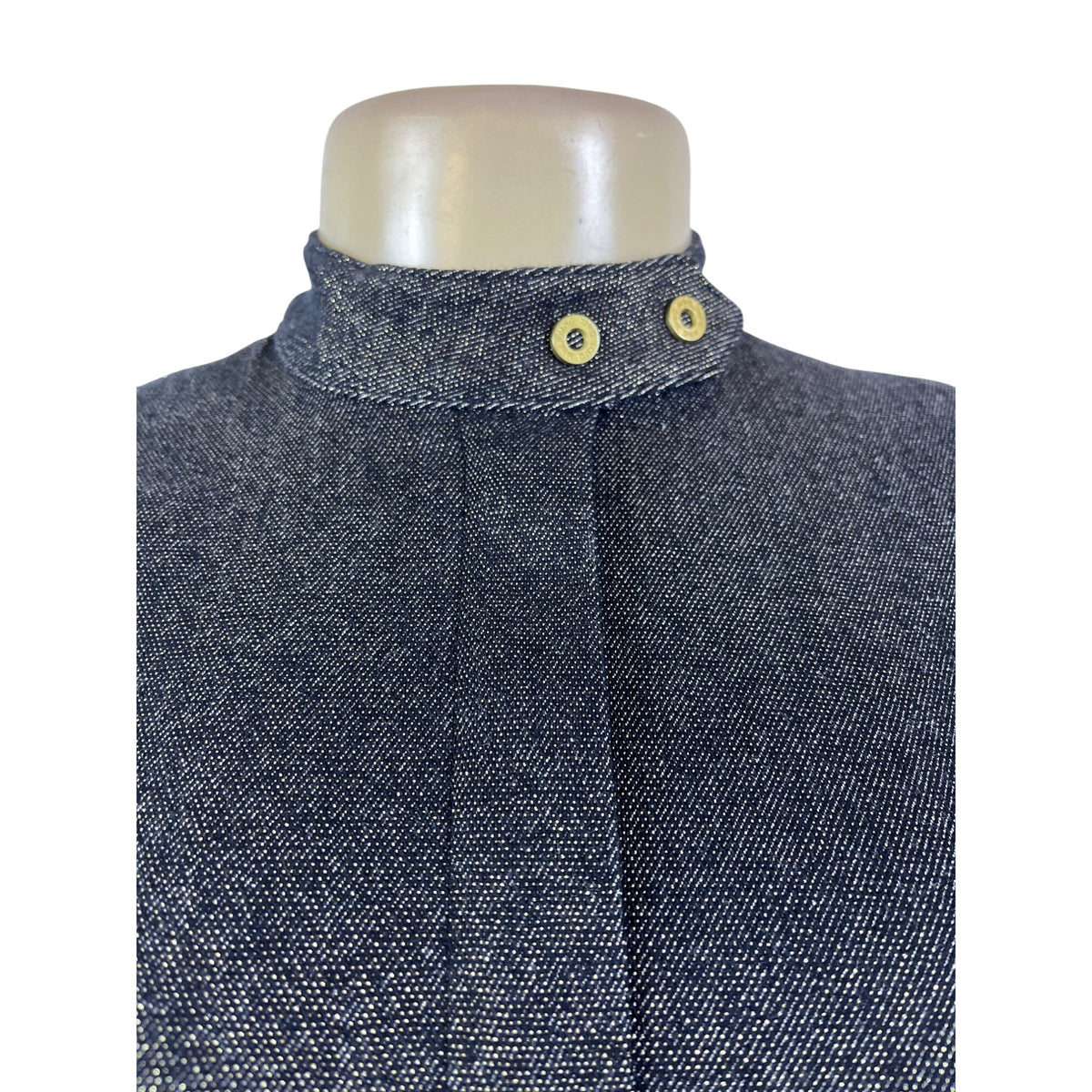 MNG Denim Jacket Women's Dark Blue Long Sleeve Gold Buttons High Collar Sz S