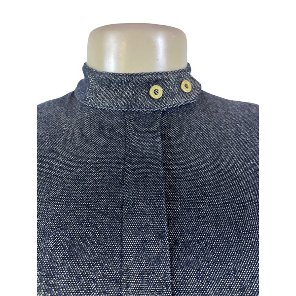 MNG Denim Jacket Women's Dark Blue Long Sleeve Gold Buttons High Collar Sz S