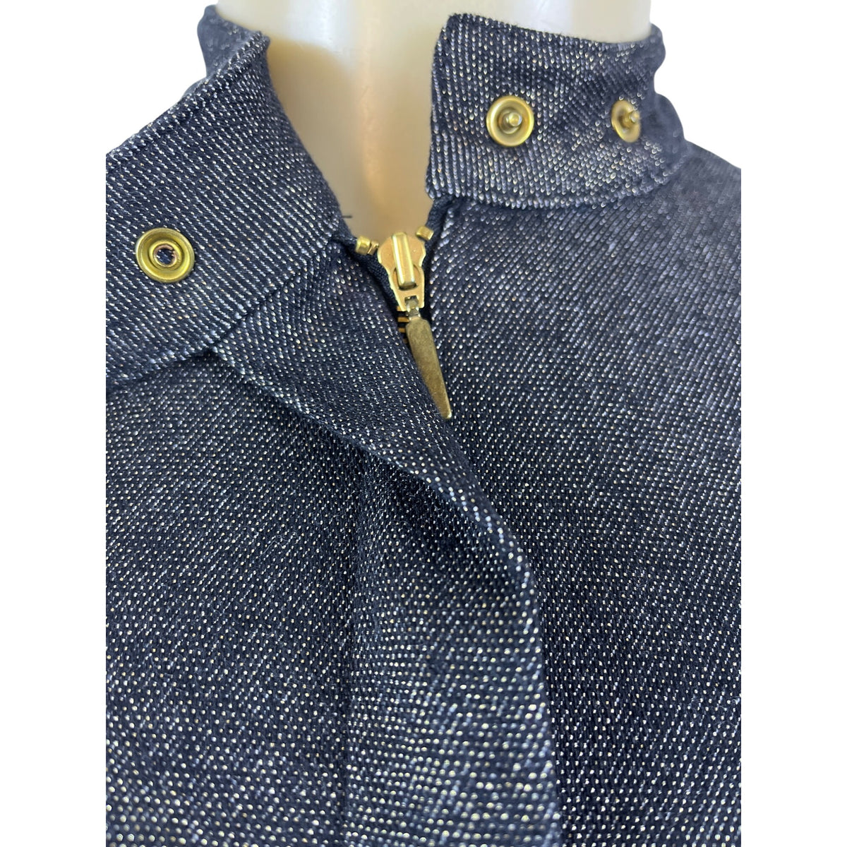 MNG Denim Jacket Women's Dark Blue Long Sleeve Gold Buttons High Collar Sz S
