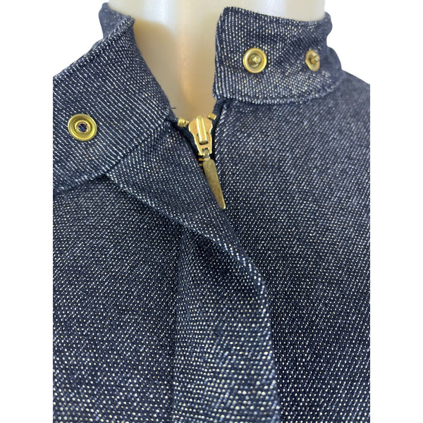 MNG Denim Jacket Women's Dark Blue Long Sleeve Gold Buttons High Collar Sz S