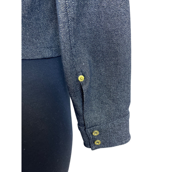 MNG Denim Jacket Women's Dark Blue Long Sleeve Gold Buttons High Collar Sz S