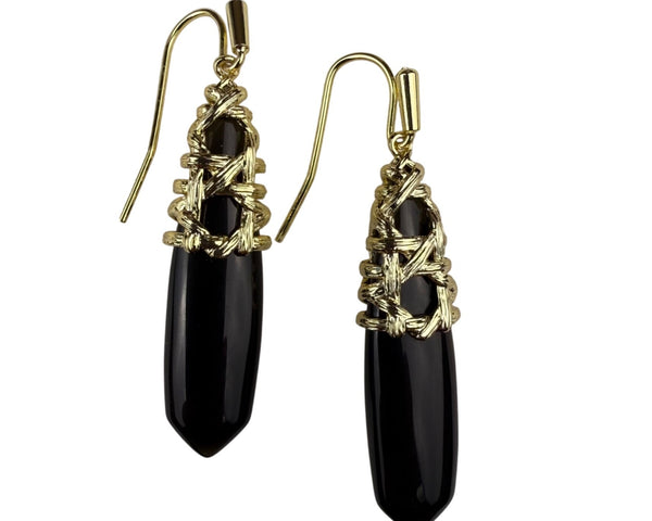 Gold Tone Black Stone Wire Wrap Dangle Earrings Handmade Lightweight 2 Inch Drop