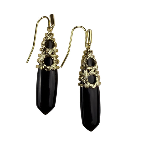 Gold Tone Black Stone Wire Wrap Dangle Earrings Handmade Lightweight 2 Inch Drop