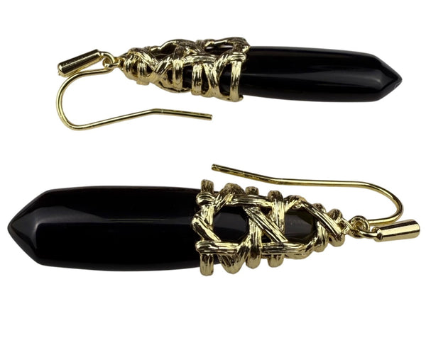 Gold Tone Black Stone Wire Wrap Dangle Earrings Handmade Lightweight 2 Inch Drop