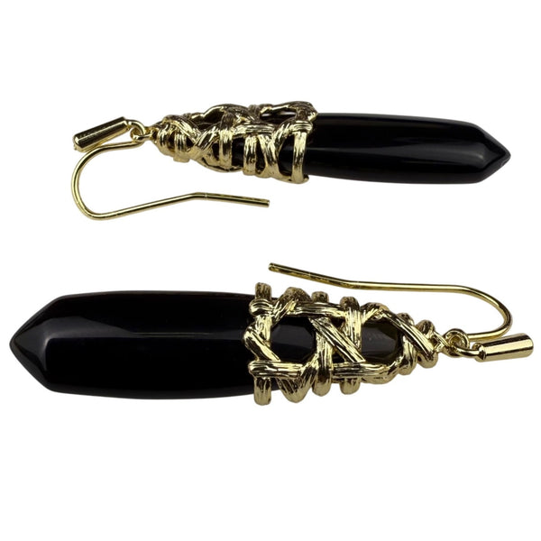Gold Tone Black Stone Wire Wrap Dangle Earrings Handmade Lightweight 2 Inch Drop