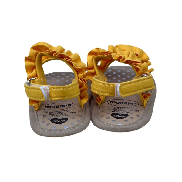 Myggpp Toddler’s Yellow Ruffle Straps Adhesive Closure Soft Sole Sandals Sz 6-12