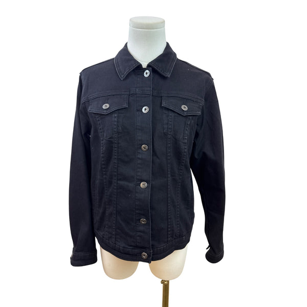 Black Denim Jacket W/ Floral Embroidery On Back Button Closure Long Sleeves Sz S