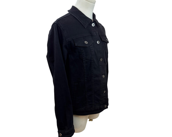 Black Denim Jacket W/ Floral Embroidery On Back Button Closure Long Sleeves Sz S
