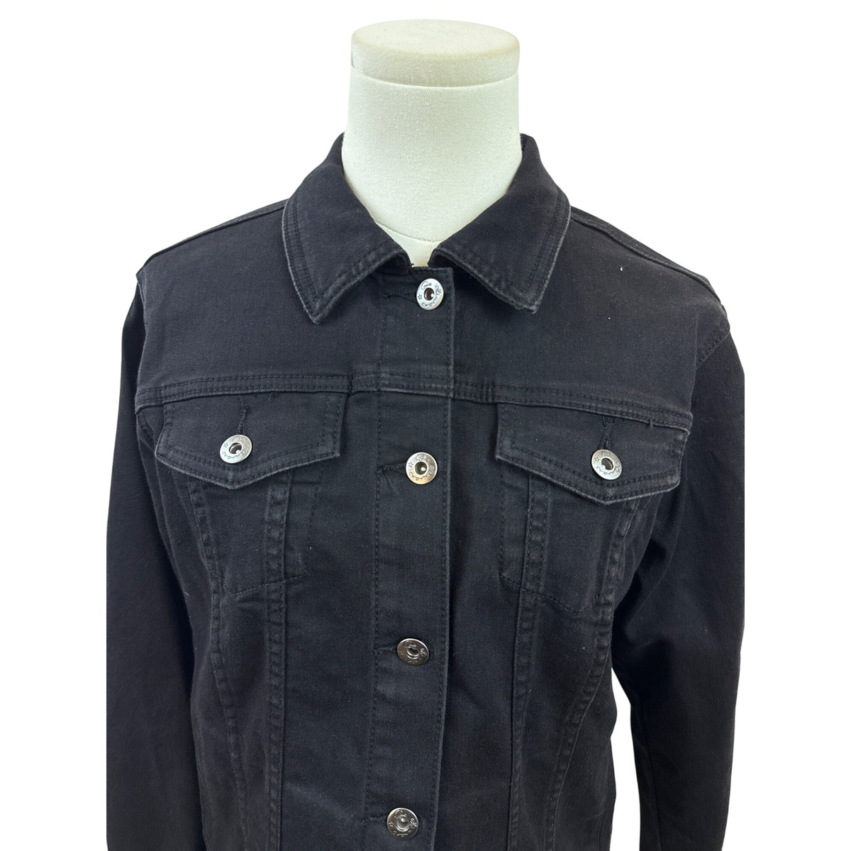 Black Denim Jacket W/ Floral Embroidery On Back Button Closure Long Sleeves Sz S