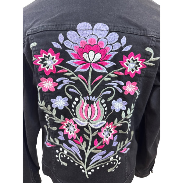 Black Denim Jacket W/ Floral Embroidery On Back Button Closure Long Sleeves Sz S