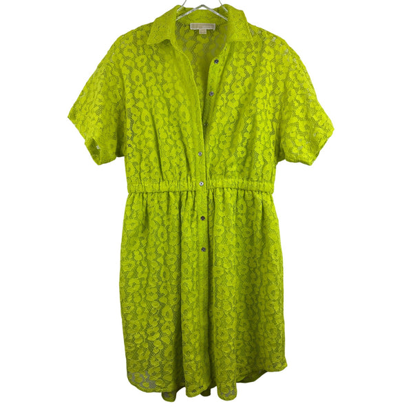 Michael Kors Women’s Lime Green Lace Short Sleeve Button-Up Shirt Dress M