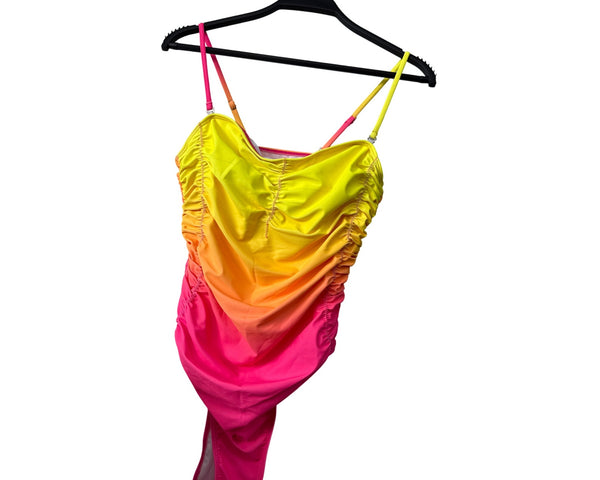 Shein Kids Yellow Pink Ombre Swimsuit Adjustable Straps Ruched Detail Size Large