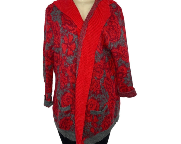 Sparrow Womens Red & Gray Floral Hooded Open Cardigan Sweater Size L