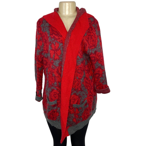 Sparrow Womens  Red & Gray Floral Hooded Open Cardigan Sweater  Size  L
