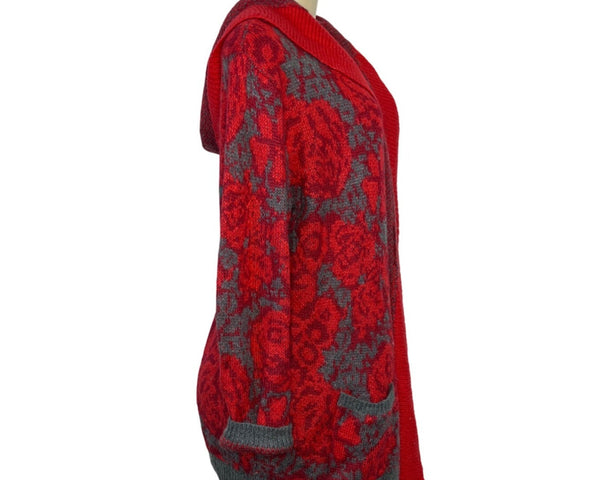 Sparrow Womens Red & Gray Floral Hooded Open Cardigan Sweater Size L