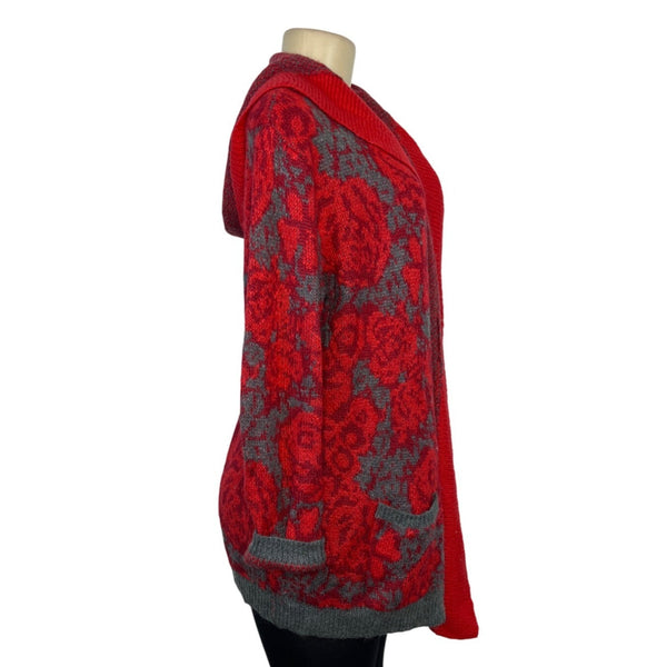 Sparrow Womens  Red & Gray Floral Hooded Open Cardigan Sweater  Size  L