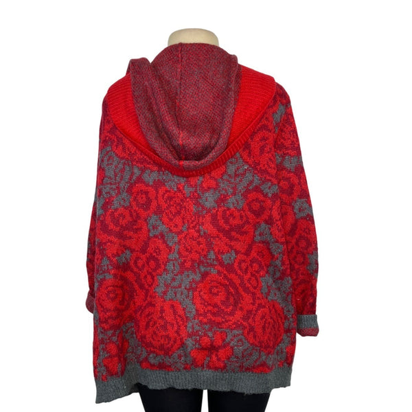 Sparrow Womens  Red & Gray Floral Hooded Open Cardigan Sweater  Size  L