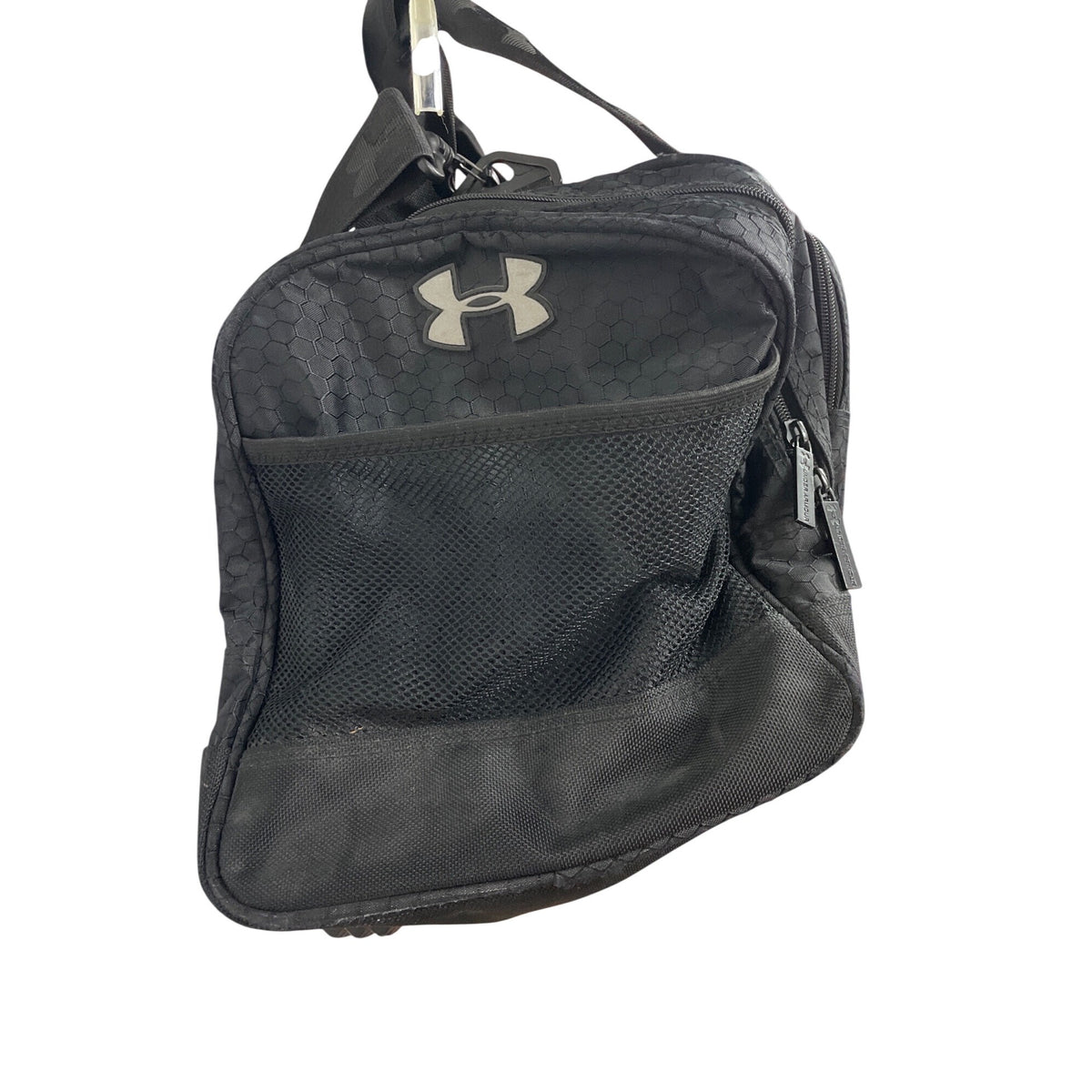 Under Armour Unisex Black Hex Pattern Gym Duffel Bag With Mesh Pocket & Adjustable Strap