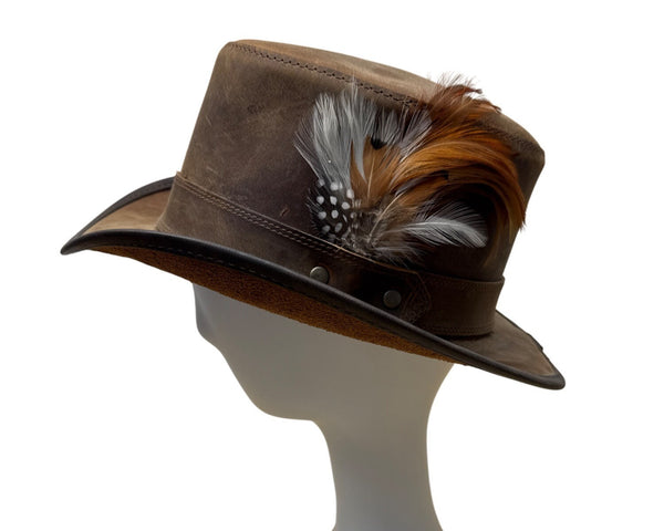 Head N Home Hats Brown Distressed Leather Steampunk Top W/ Feather Stoker Size S