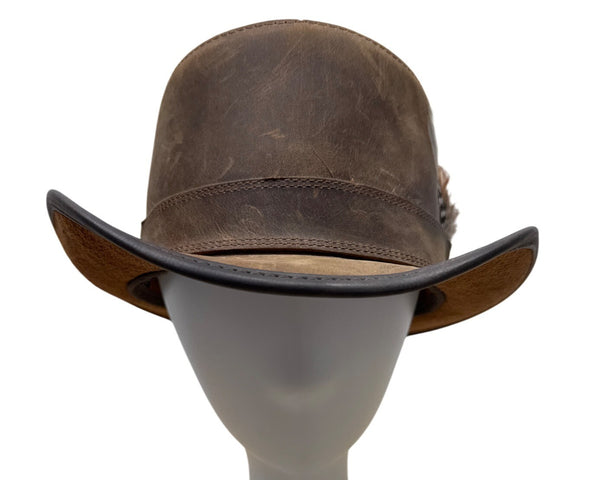 Head N Home Hats Brown Distressed Leather Steampunk Top W/ Feather Stoker Size S