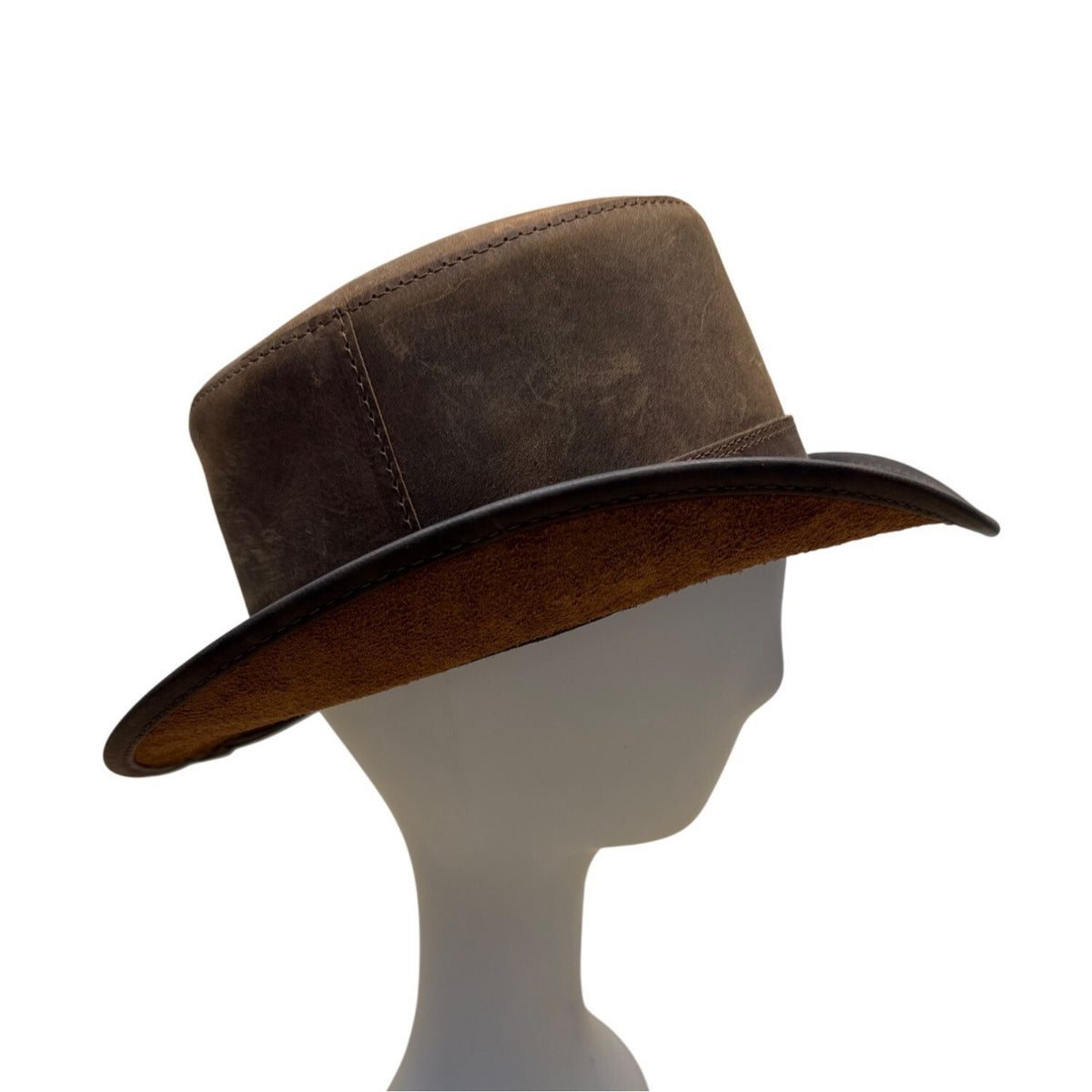 Head N Home Hats Brown Distressed Leather Steampunk Top W/ Feather Stoker Size S