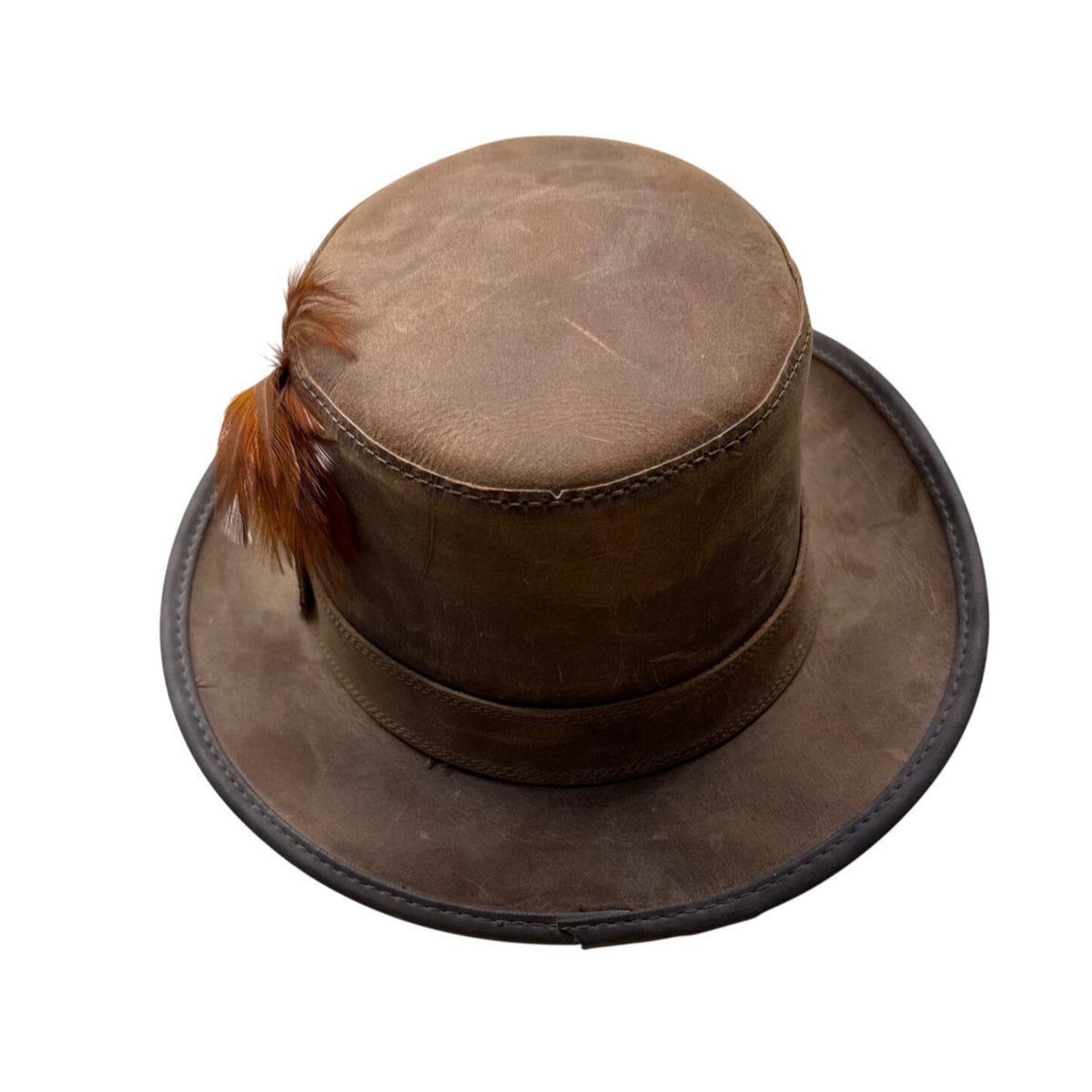 Head N Home Hats Brown Distressed Leather Steampunk Top W/ Feather Stoker Size S