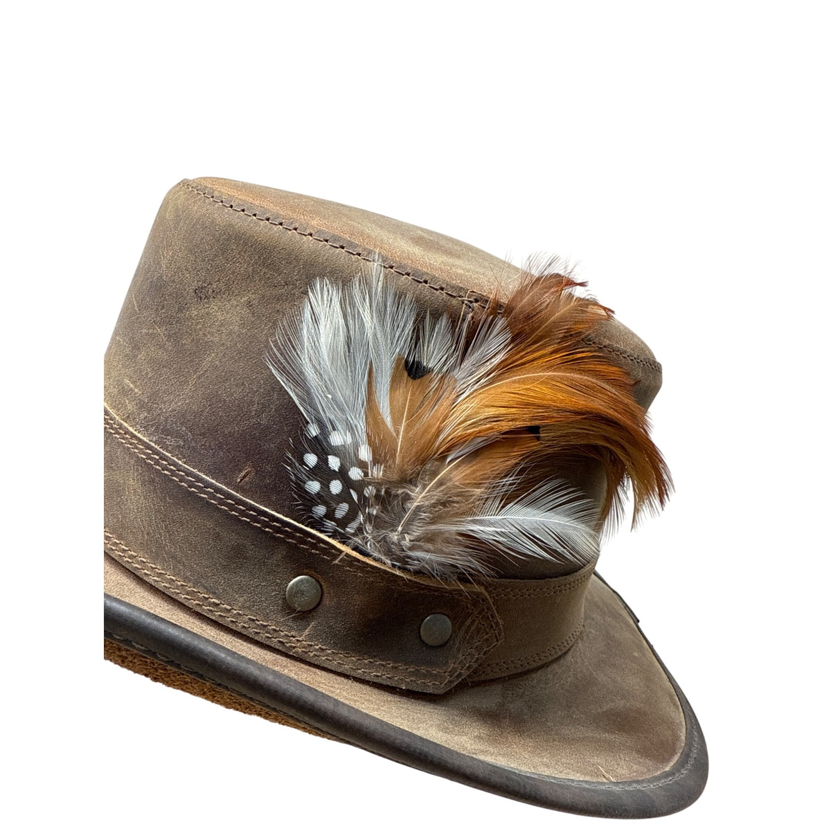 Head N Home Hats Brown Distressed Leather Steampunk Top W/ Feather Stoker Size S