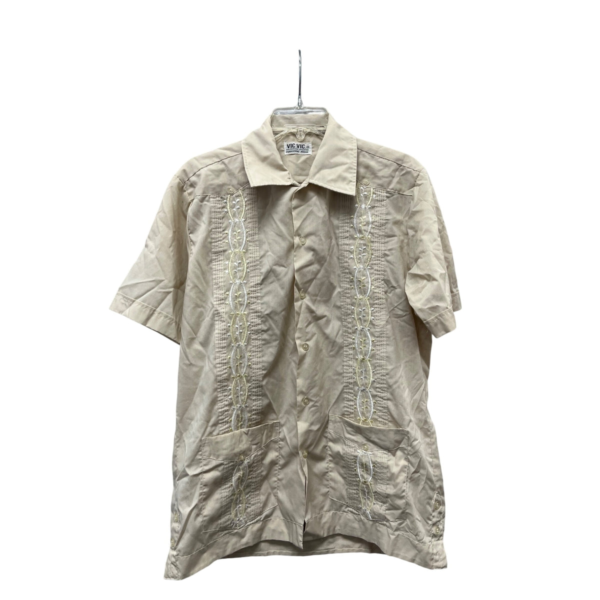 Vic Vic Mens Beige Polyester Cotton Short Sleeve Guayabera Embroidered Shirt M