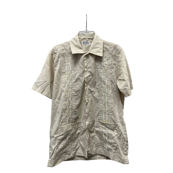 Vic Vic Mens Beige Polyester Cotton Short Sleeve Guayabera Embroidered Shirt M