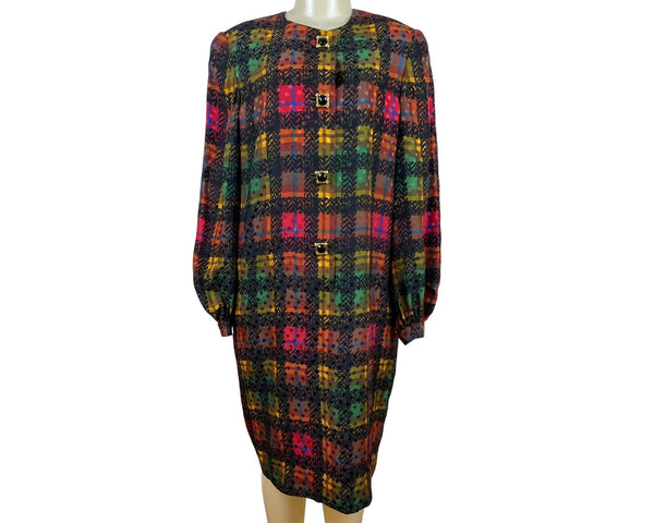 David Hayes Multicolor Plaid Women’s Long-Sleeve Satin Sheath Dress Sz 14