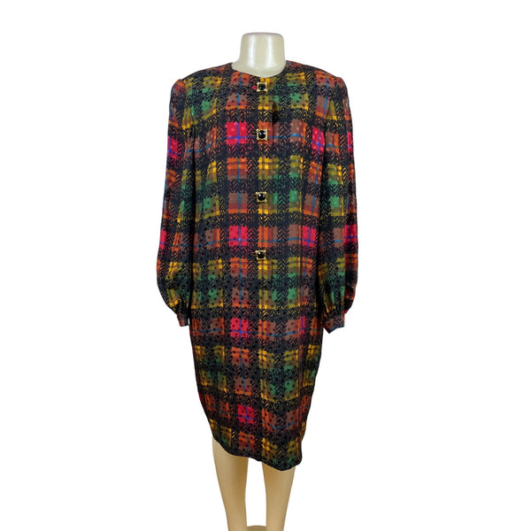 David Hayes Multicolor Plaid Women’s Long-Sleeve Satin Sheath Dress Sz 14