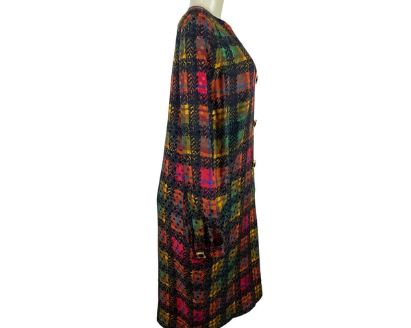 David Hayes Multicolor Plaid Women’s Long-Sleeve Satin Sheath Dress Sz 14